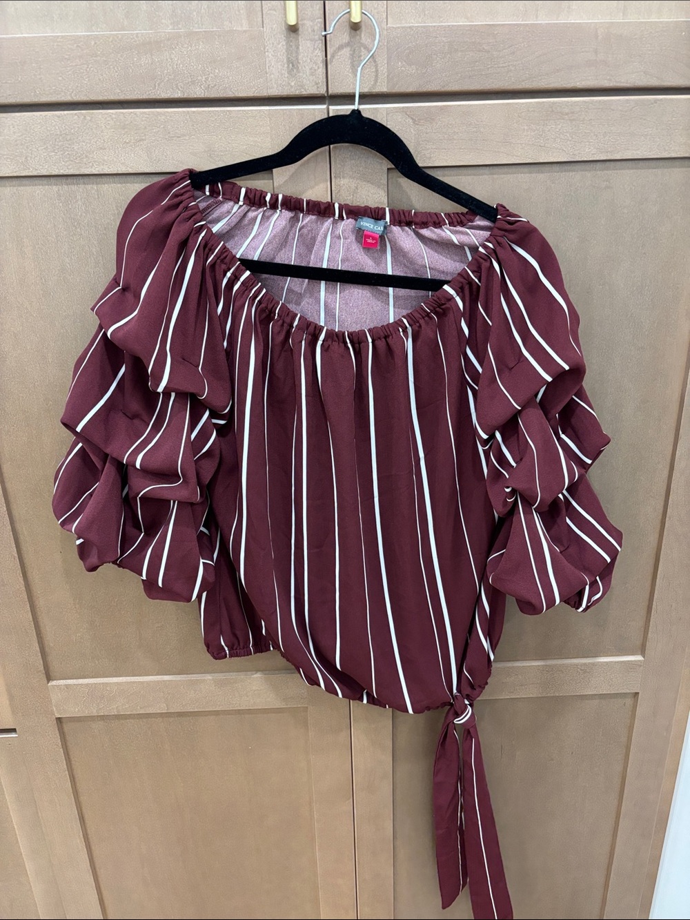 Vince Camuto Striped Off-Shoulder Ruffle Sleeve Top - Burgundy